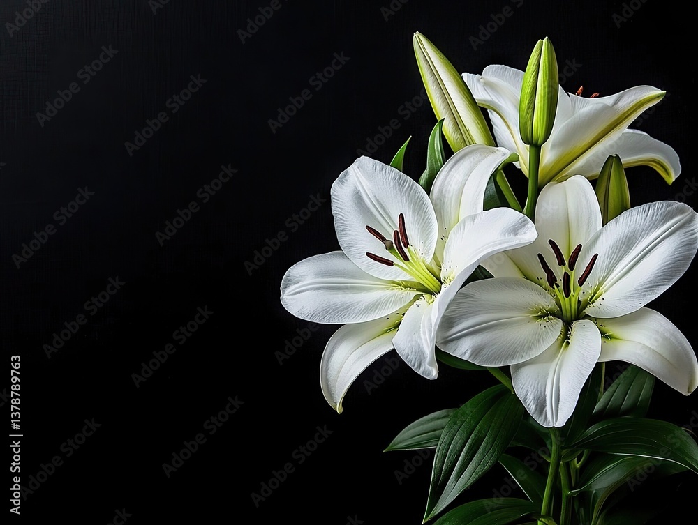 Elegant white lilies in bloom nature photography dark background close-up view floral beauty