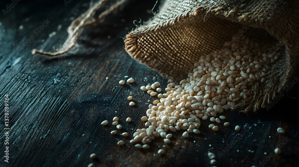 Fototapeta premium A close-up of spelt grains spilling from a burlap sack onto a dark wooden table, with natural lighting illuminating the texture and color.