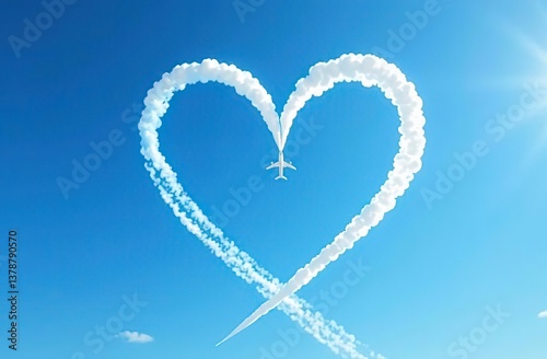 Airplane flying through clear blue sky left heart shape of vapour trails behide
