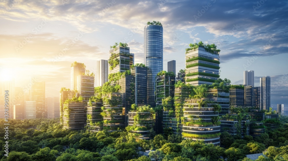 Fototapeta premium A futuristic eco-city with greenery on skyscrapers, concept of sustainable urban living generative ai