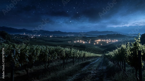 Harvesting wine grapes in a vineyard at night with civil twilight sky full of stars and work light glowing in the distance