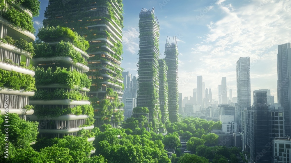 Fototapeta premium A futuristic eco-city with skyscrapers covered in lush greenery, demonstrating sustainable urban development generative ai