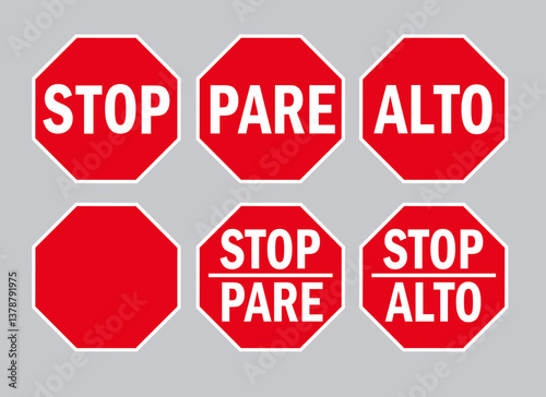 English and Spanish Stop Signs Vector Set