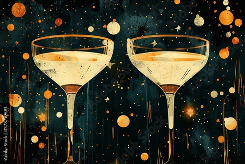 Celebrate New Years Eve with elegant champagne glasses clinking amidst sparkling confetti and a starry backdrop