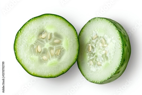 A photorealistic sliced cucumber with visible seeds and moisture, isolated on a transparent background.