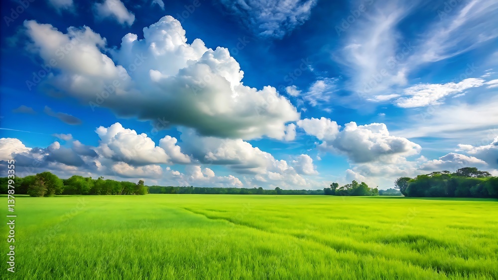 Obraz premium A vast green grass field stretching under a bright blue sky with soft, fluffy white clouds.