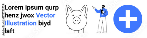 Man holding clipboard pointing at piggy bank next to large plus sign. Ideal for finance, savings, budgeting, personal planning, health, growth, strategic planning, simple landing page