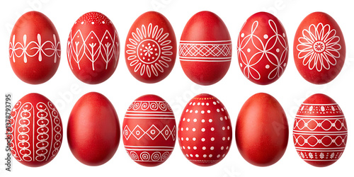 various red painted Easter eggs isolated on transparent background	