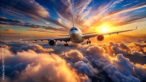A high-altitude airplane soars through a clear blue sky, leaving a trail of white contrails behind photo