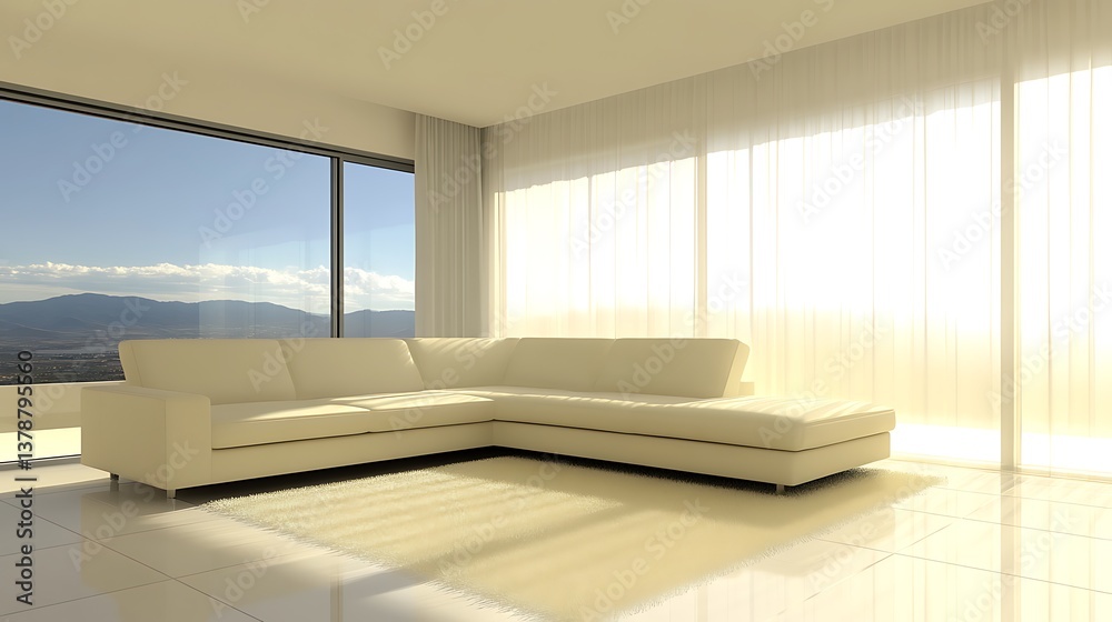 Fototapeta premium Modern white sectional sofa inside a well lit living room space