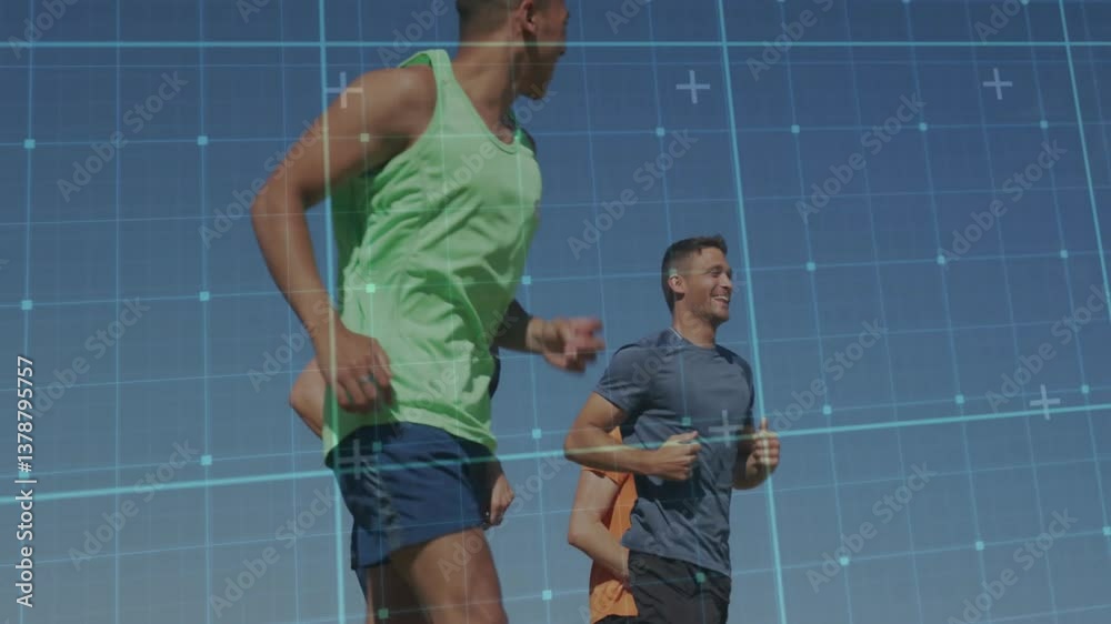 Running outdoors, people with digital grid overlay suggesting animation data analysis