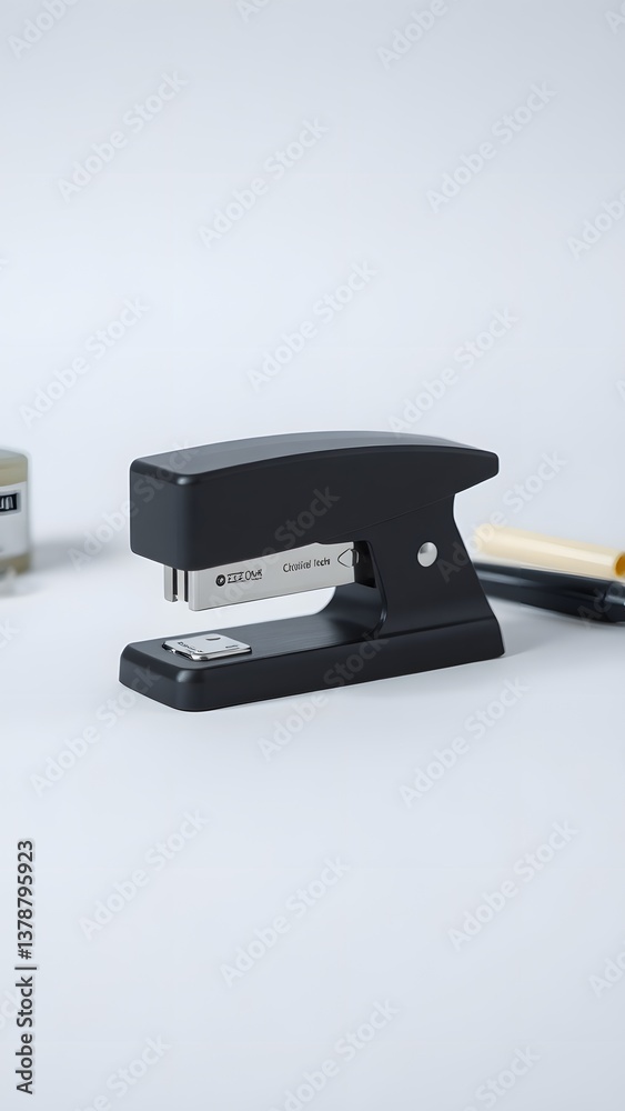 Stapler on Desk: A close-up shot of a modern black stapler, highlighting its sleek design and functional details against a backdrop of simple office essentials. Stapler on Desk: A close-up shot of a modern black stapler, highlighting its sleek design and functional details against a backdrop of simple office essentials.