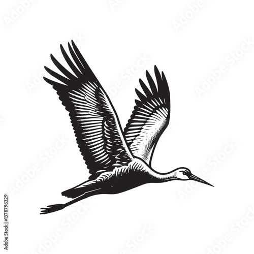 Simple Sandhill Crane Flying Vector Icon – Vintage Logo & Retro Illustration