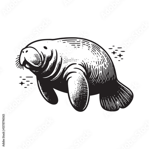 Simple Manatee Swimming Vector Icon – Vintage Logo & Retro Illustration