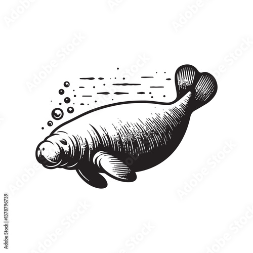Simple Manatee Swimming Vector Icon – Vintage Logo & Retro Illustration