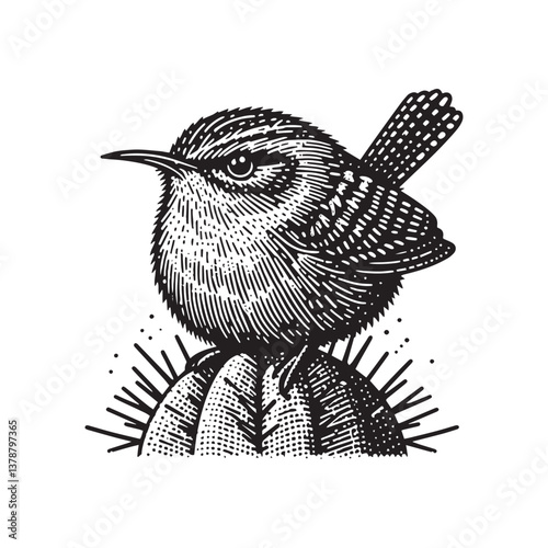 Cactus Wren Perched Vector Icon – Vintage Logo & Retro Illustration