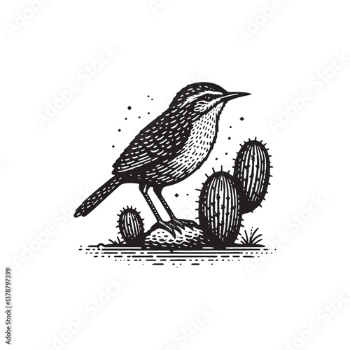 Cactus Wren Side View Vector Icon – Vintage Logo & Retro Illustration