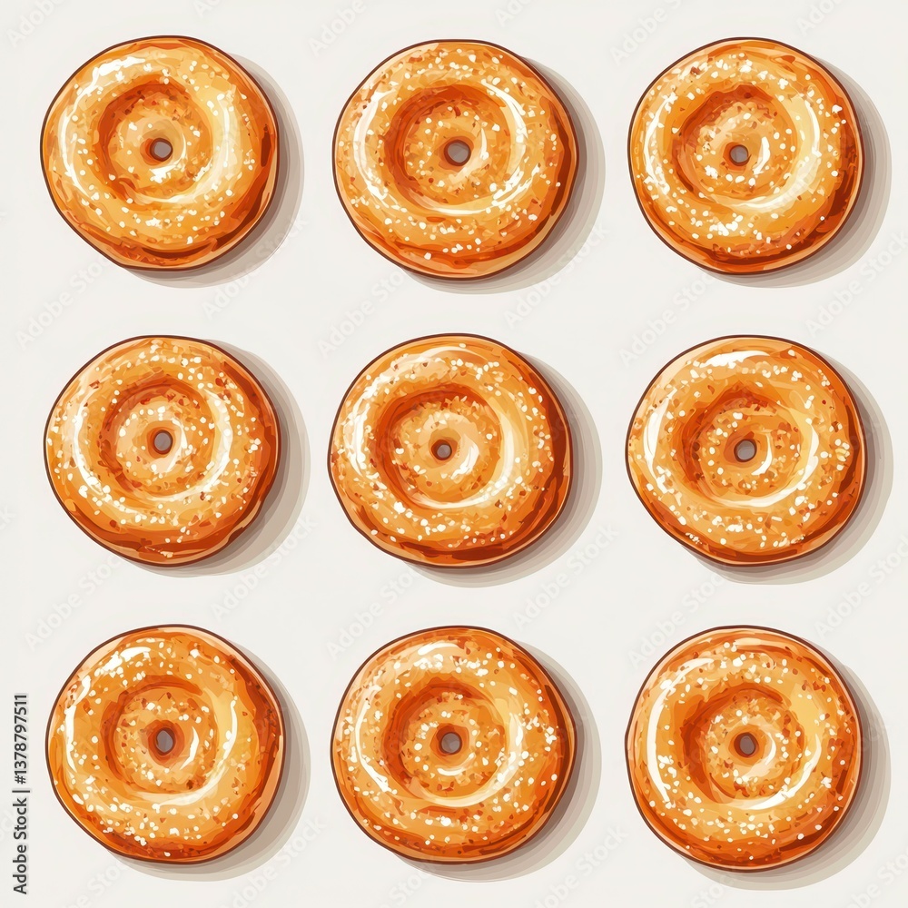 Delicious golden donuts arranged in a neat grid with a tempting glaze and sprinkles Delicious golden donuts arranged in a neat grid with a tempting glaze and sprinkles