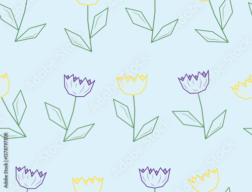 Stylized geometric tulips in yellow and purple
