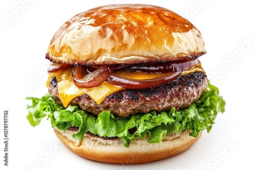 A gourmet burger with melted cheese, lettuce, and caramelized onions in a brioche bun, isolated on a transparent background.
