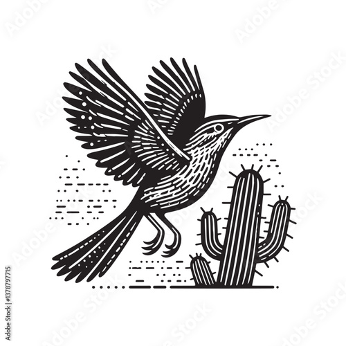 Cactus Wren Flying Vector Icon – Vintage Logo & Retro Illustration