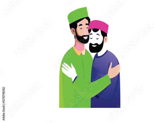 two Muslim men in traditional attire embracing each other warmly