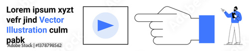 Hand pointing to play button with person holding clipboard for guidance. Ideal for media, instructions, tutorials, marketing, user navigation, educational content, simple landing page