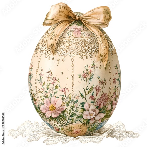 Delicate hand painted watercolor of a vintage style Easter egg decorated with intricate floral patterns in soft sepia toned colors and accented with a lace ribbon bow