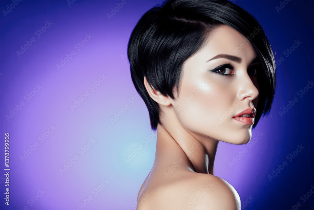 Fototapeta premium Profile of a Young Woman with Short Hair Against Purple Background