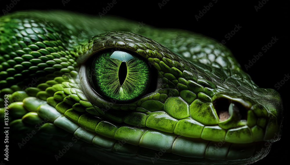 Fototapeta premium Close up de la cabeza y el ojo de un reptil o serpiente de color verde, peligrosa y venenosa