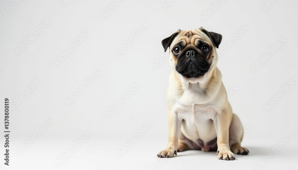 Obraz premium Adorable pug dog sits alone against white background, fluffy, funny