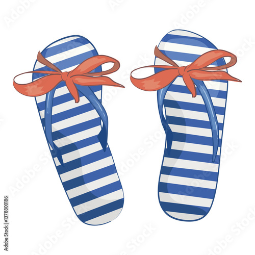 Striped blue and white beach slippers with red bows. Beach summer shoes. Bathroom foot accessories. Vector colorful flip flops from summer collection. For stickers, decoration and design.