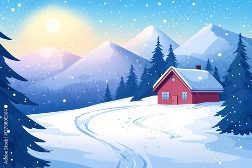 Winter snow landscape and house