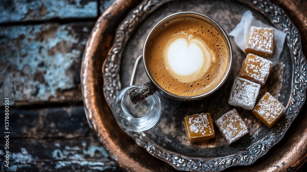 Espresso with a heart-shaped foam and sweet treats on a vintage tray Espresso with a heart-shaped foam and sweet treats on a vintage tray