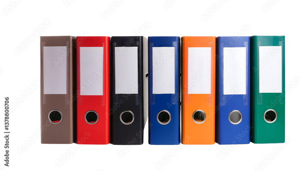 Colorful ring binders standing in a row on transparent background Colorful ring binders standing in a row on transparent background
