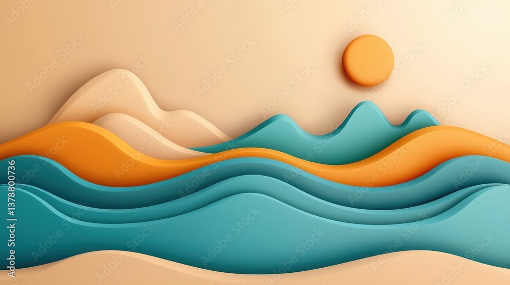 Fototapeta premium Serene paper cut landscape, majestic mountains and tranquil waves in a 3d art design