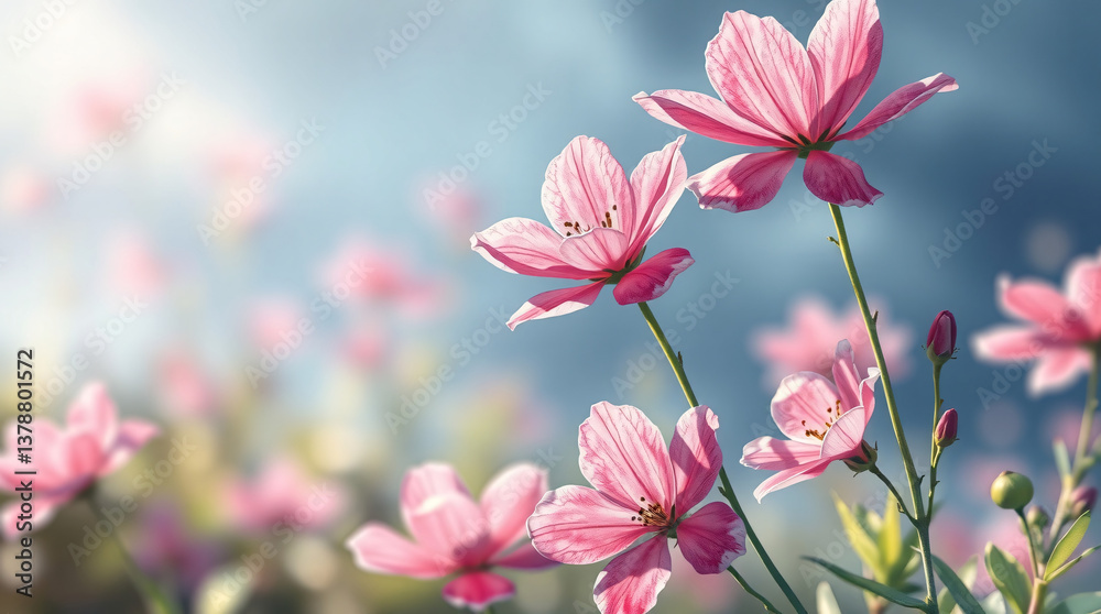 Obraz premium Delicate pink flowers blooming in a serene garden, capturing the beauty and grace of nature.