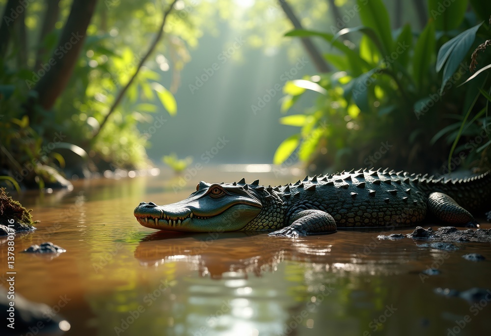 Obraz premium alligator basking swamp water edge sunlight reflection jungle habitat wild nature scene, animal, reptile, wetland, flora, fauna, marsh, pond, moss, grass