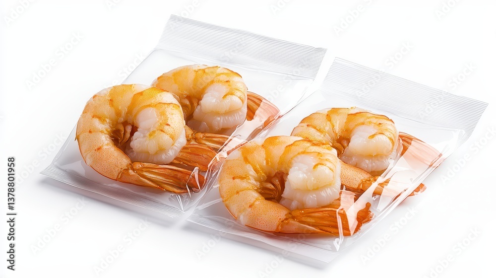 Three bags of frozen shrimp packaged for retail with realistic appearance in high quality isolated photo display