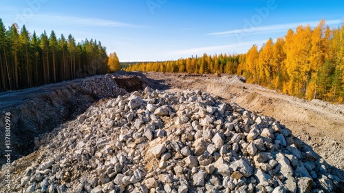 Open pit surface Concept, Large Mining Waste Disposal Site Surrounded by Forests and Clear Blue Sky in Autumn Landscape