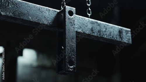 A close-up of a heavy metal crossbeam suspended by chains, symbolizing strength and industrial design in a dimly lit workspace.