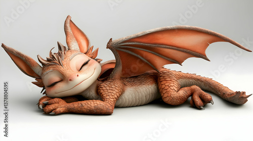 Sleeping Orange Dragon Figurine Lying Down on White Background in Studio Lighting
