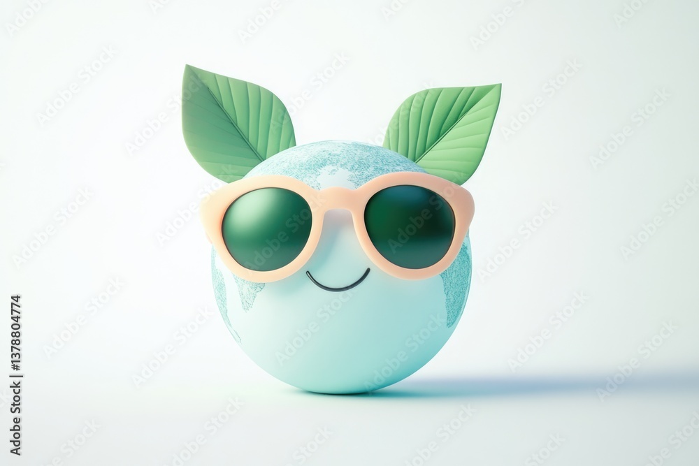 Fototapeta premium A happy Earth wearing sunglasses and leaves, symbolizing environmental protection and summer vibes.