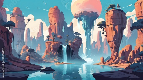 A surreal world with floating rock formations and waterfalls