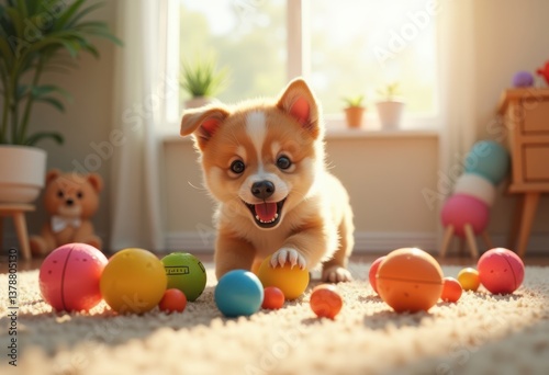 playful puppy interacting colorful toys chewing bouncing squeaky balls plush stuffed animals fun mischievous pet cuddly, dog, furry, plastic, rubber, soft