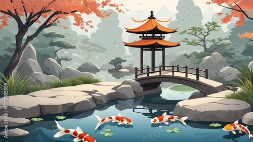 A tranquil Zen garden with a koi pond and stone lanterns