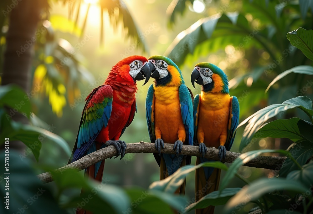 Obraz premium vibrant colorful parrots perched tropical foliage lush greenery exotic bird habitat nature wildlife beauty, flora, plumage, feathers, branch, jungle, canopy