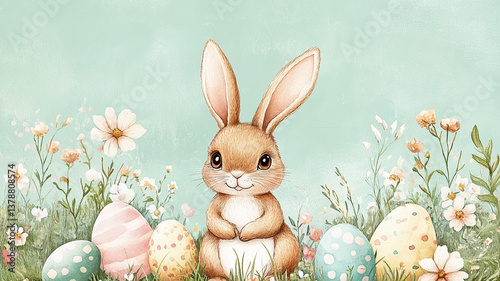  Cute Bunny with Easter Eggs and Flowers on Pastel Background