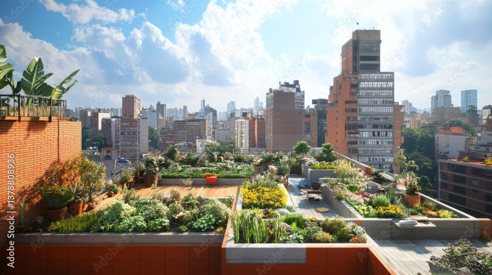 Fototapeta premium A rooftop garden in a bustling city, demonstrating the integration of green spaces in urban areas generative ai