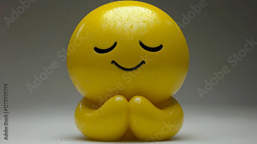 Sparkling Yellow Smiling Meditative Figurine with Folded Hands in Studio Lighting
